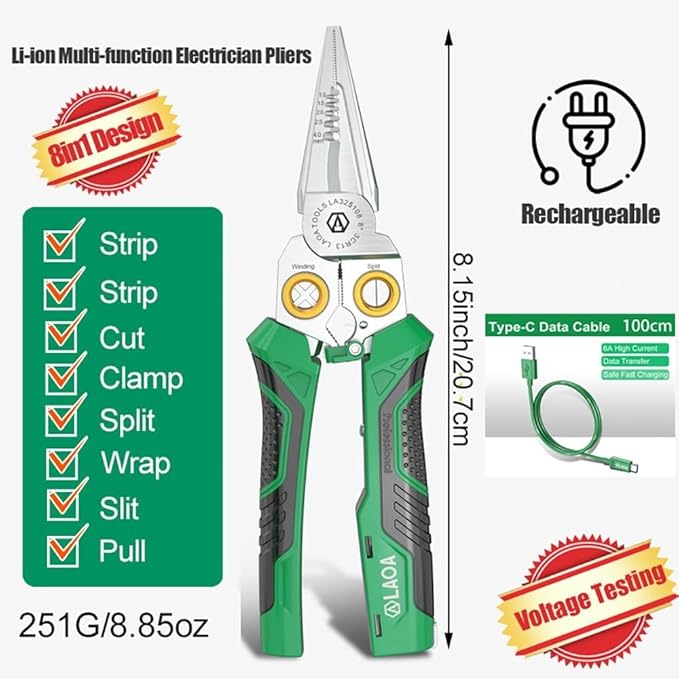 LAOA 8-in-1 Rechargeable Electrician Pliers with Voltage Tester, USB-C Charging – AC/DC 12-250V Non-Contact Detector, Wire Stripper/Cutter/Splitter for Electrical, HVAC, Automotive