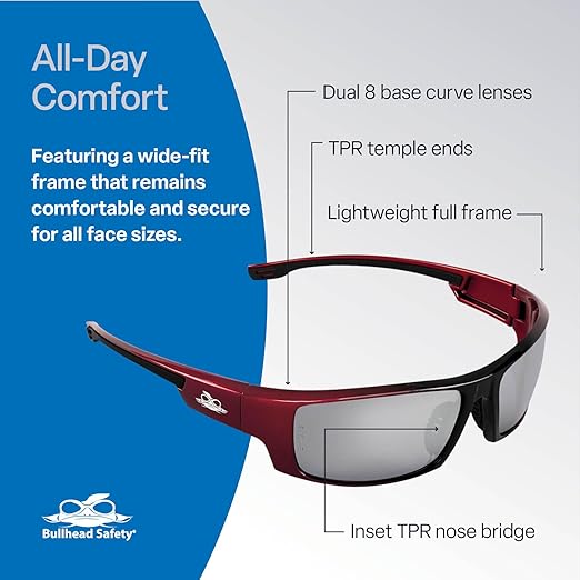 Bullhead Safety Eyewear Dorado Glasses - Lightweight, Impact/Scratch Resistant, UV Blocking Sunglasses for Hunting/Shooting, Outdoor Sports, Construction, Silver Mirror & Red/Black