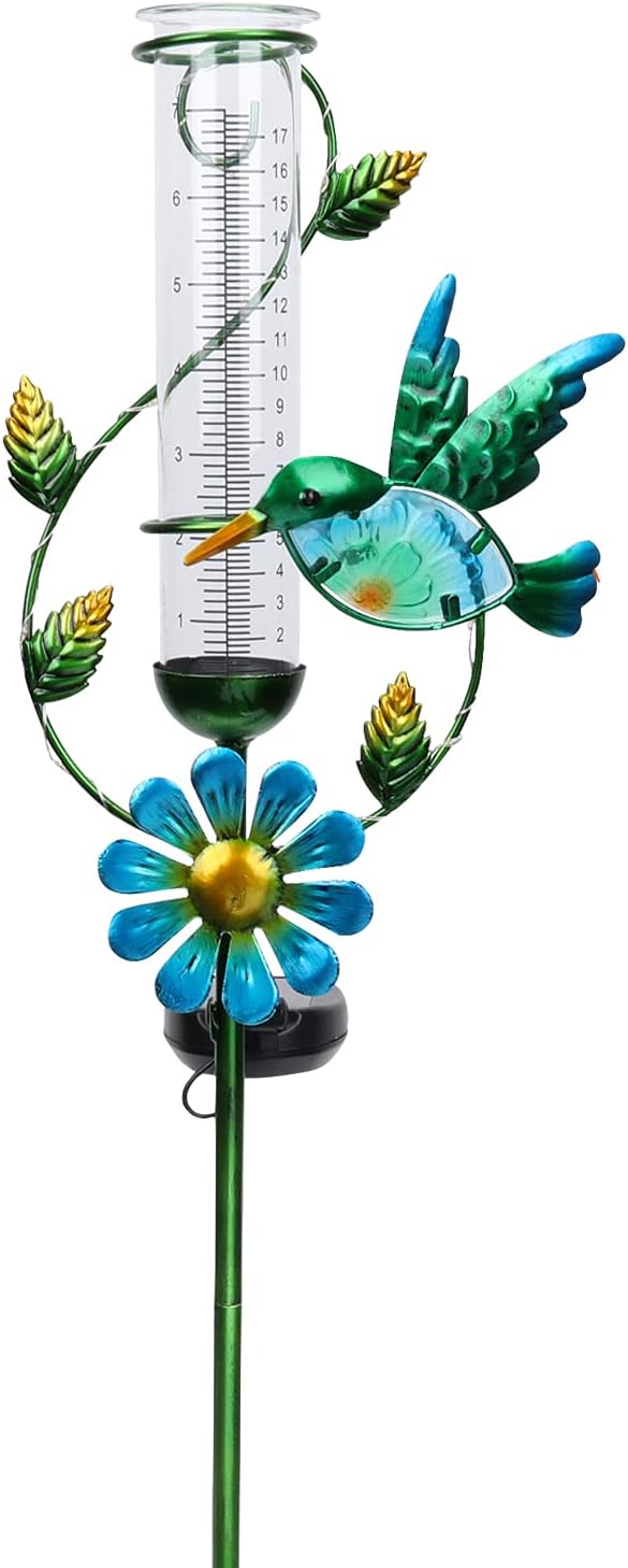 MUMTOP Rain Gauge Outdoor, Solar Powered Decorative Metal Hummingbird Flower Stake for Lawn Yard and Garden