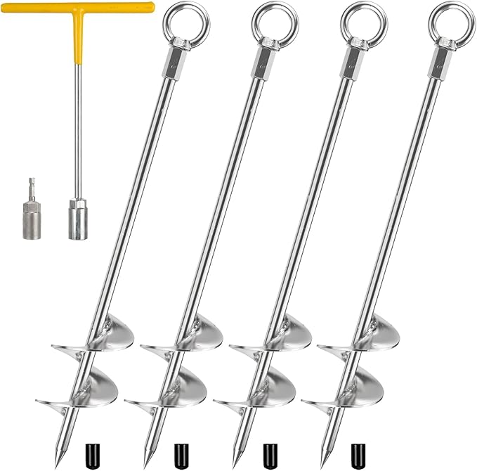 Ground Anchors Heavy Duty, 4 Pack Fully Welded Solid Steel Ground Anchors Screw in with 2.9" Spiral Blade, Trampoline Earth Stakes Auger Anchors for Sheds, Mobile Home, Tent, Swing Set