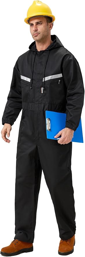 Mens Work Coveralls Mechanic Hooded Overall Workwear Jumpsuits Long Sleeve Hi Viz Coverall with Zippers
