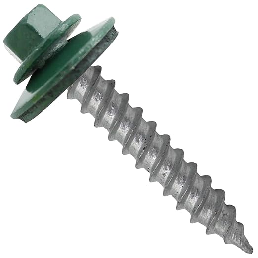 Metal Roofing Screw: (250) 12 x 1-1/2" IVY GREEN Hex ReGrip Sheet Metal Roof Screw. Sharp Point metal to wood siding screws. 9/16" EPDM washer.