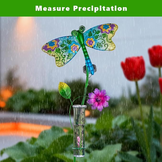 Solar Rain Gauge Outdoor, Dragonfly Rain Gauge, 7 Inch Tube Decorative Rain Measure Gauge, Metal Rain Measure Tool for Garden, Lawn Ornaments
