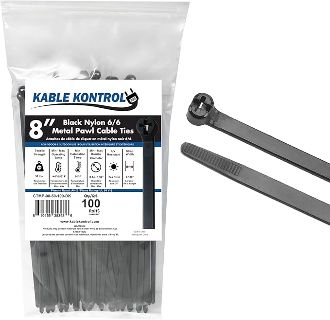 Kable Kontrol Cable Ties with Metal Tooth, 8 Inch 100 Pcs, 50 Lbs Tensile Strength, Metal Pawl, Stainless Steel Toothed Self-Locking Device, UV Resistant Steel Barb Zip Ties - Black