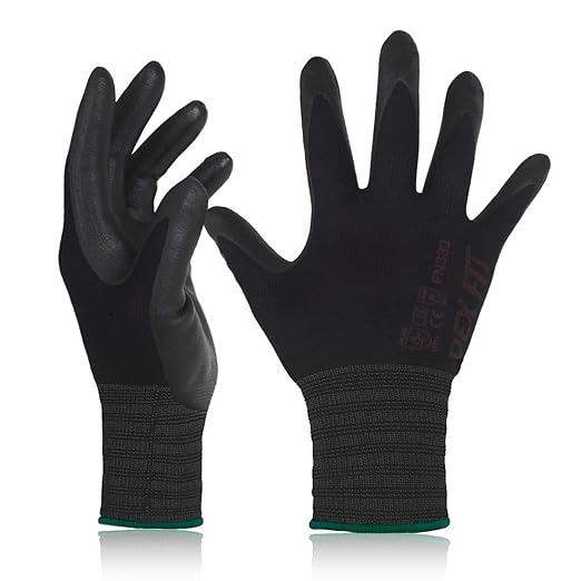 DEX FIT Nitrile Work Gloves FN330, 12 Pairs, 3D-Comfort Stretchy Fit, Firm Grip, Thin & Lightweight, Touch-Screen Compatible, Durable, Breathable & Cool, Machine Washable; Black M (8)