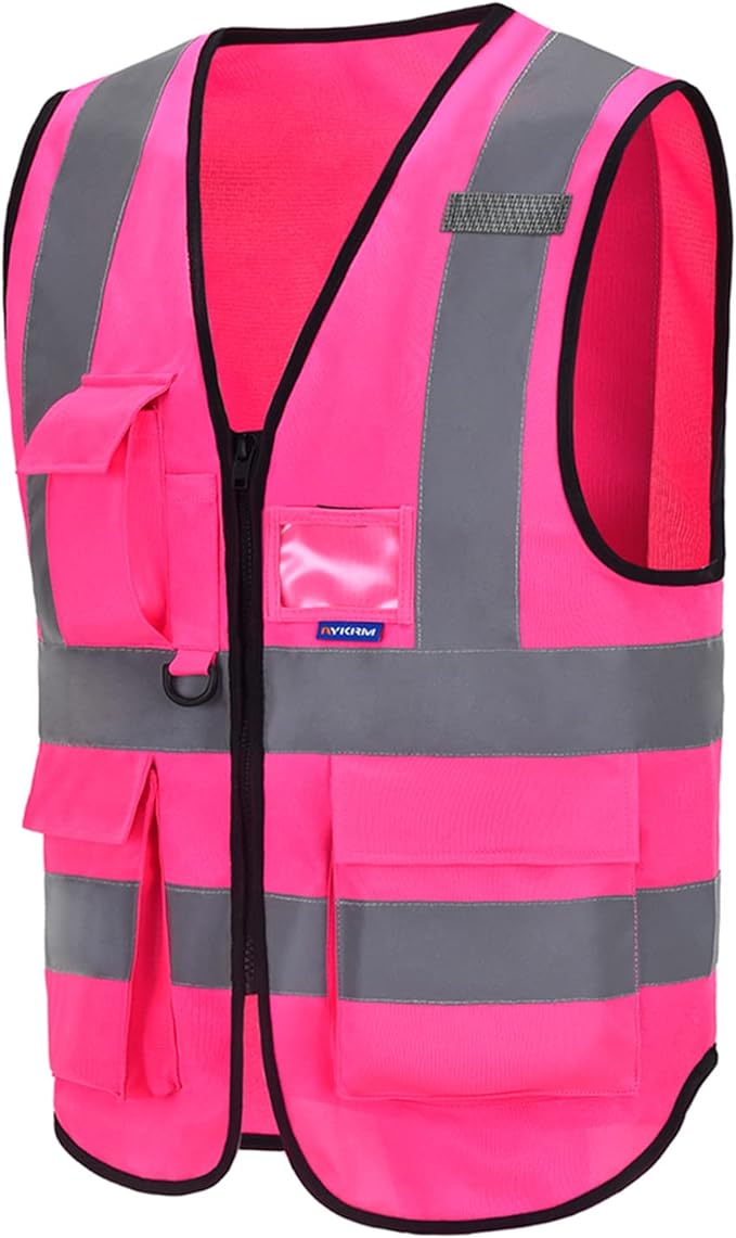 A-SAFETY Pink High Visibility Vest,Reflective Safety Vest Workwear 7 Pockets Hi Vis Durable Vest with Reflective Tapes 4 Lower Pockets,Small