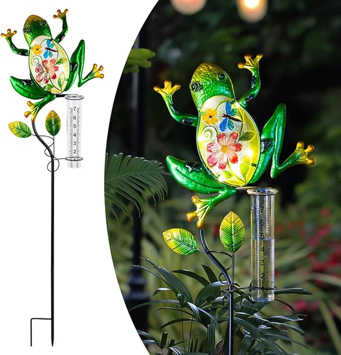 Solar Rain Gauge Outdoor, Frog Rain Gauge, 7 Inch Tube Decorative Rain Measure Gauge with Metal Stake, Solar Powered Stained Glass Rain Measure Tool for Garden