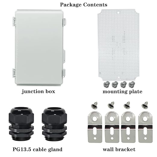 Zulkit Junction Box,IP67 Waterproof Electrical Box Hinged Cover Stainless Steel Buckle Plastic Enclosure for Project w Mounting Plate Wall Bracket and 2 Cable Gland Grey 10.2 x 6.3 x 3.9 Inch
