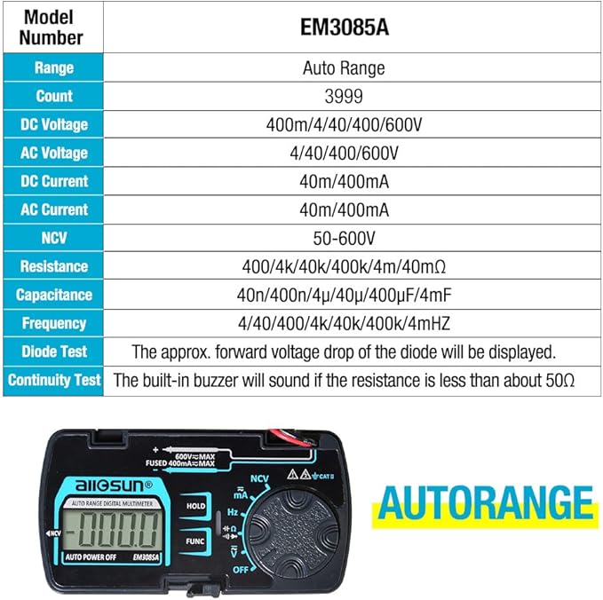 allsun Auto Ranging Pocket Tiny Digital Multimeter, Mini Electrical Travel Meter AC/DC Ohm Volt NCV Amp Capacitance Frequency Diode Continuity