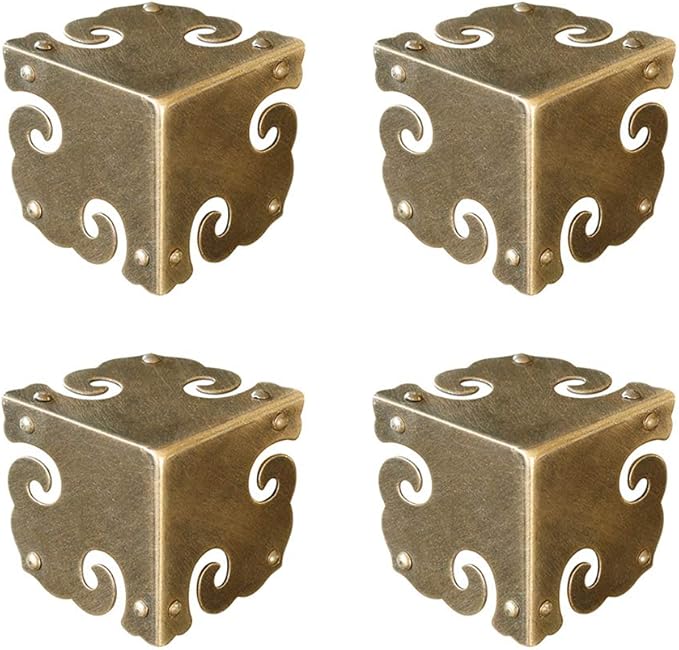 4Pcs Vintage Pure Brass Corner Protectors Antique Hardware Desk Edge Wooden Jewelry Gift Box Cabinet Three Sides Full Encase Corner Guard (Antique Bronze)
