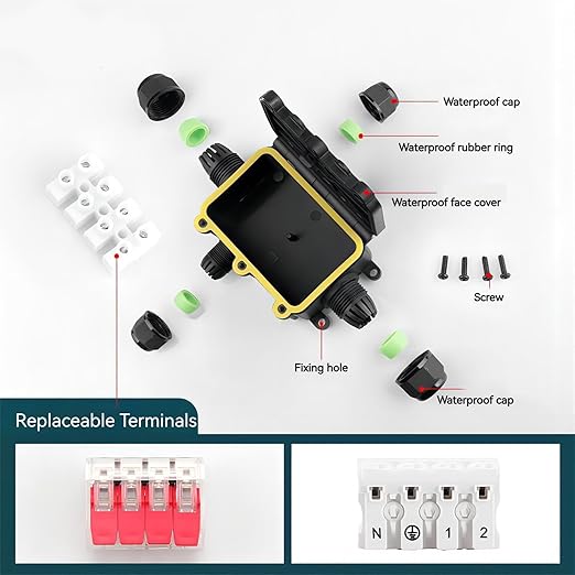 Black PA66 Nylon IP68 4 Way B Waterproof Junction Box, Includes 4 Sets of Waterproof Rubber Plugs, Suitable for Indoor & Outdoor Lighting Fixtures