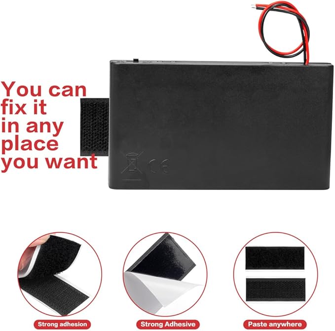 2PCS 12V (8 x 1.5V) 8AA Battery Holder Enclosures with Wire Leads and On/Off Switch Lid 12 Volt Battery Case with Hook Verclo and Solder Seal Wire Connectors