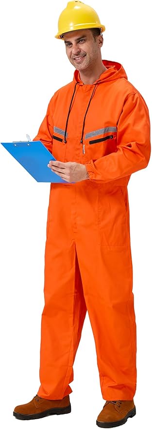 Mens Work Coveralls Mechanic Hooded Overall Workwear Jumpsuits Long Sleeve Hi Viz Coverall with Zippers
