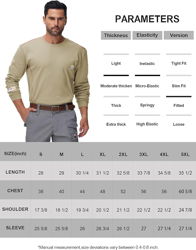 FR Shirts for Men CAT2/HRC2 6.5oz Lightweight Fire Resistant Shirts for Men Long Sleeve Crewneck T-Shirt