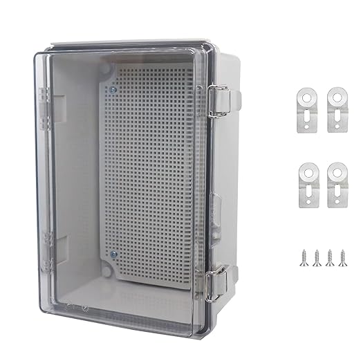 Waterproof Junction Box, ABS Plastic Electrical Box with Stainless Steel Latch, Hinged Cover Electric Project Enclosure Box with Mounting Plate, Wall Brackets & Cable Gland 11"x7.5"x5.1"