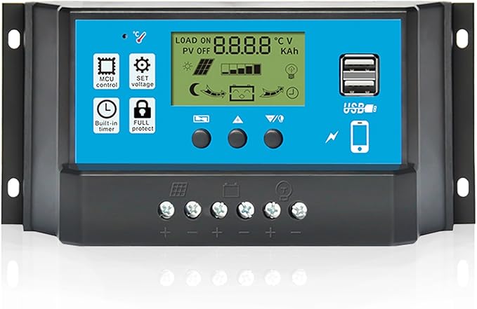 Anern 60A PWM Solar Charge Controller 12V/24V with LCD Display, Dual USB Solar Panel Battery Intelligent Regulator, Auto Parameter Adjustable, Timer Setting, Multiple Load Control Modes