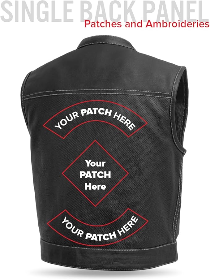 First Mfg Co Lowrider Mens Motorcycle Biker Riding Armor Club Style Black Leather, Twill, Moto Mesh, Perforated Vest