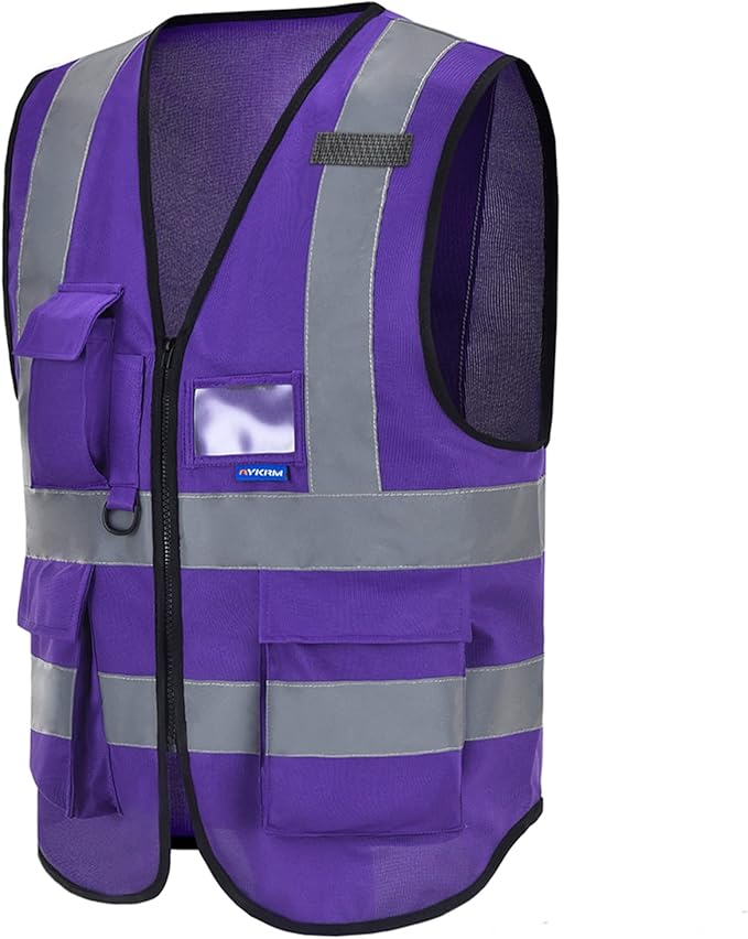 A-SAFETY Purple High Visibility Safety Vest with 4 Reflective Strips 7 Pockets,Small