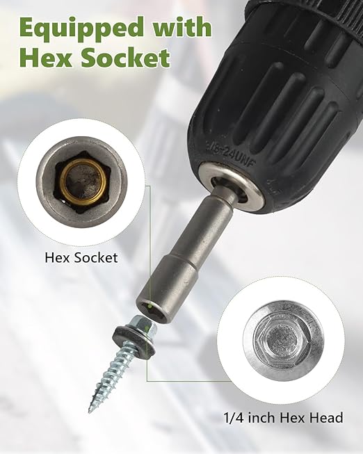Hex Head Roofing Screws #10 × 1 Inch, 500Pcs Zinc Plated Self Tapping Metal Roof Screws with Rubber Washers for Metals and Corrugated Roofing Panels (Hex Socket Included)