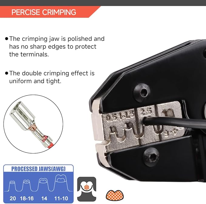 Crimping Tool for Non-Insulated Open Barrel Terminals & Receptacles - Ratcheting Wire Crimper - AWG 20-10 (0.5-6mm²) U-Shaped - Electrical Crimping Tool
