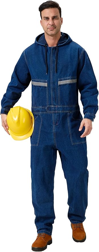 Mens Denim Work Coveralls with Hood Heavy Duty Work Jumpsuit Loose Fit Coverall Hi Viz Mechanic Jeans Overalls