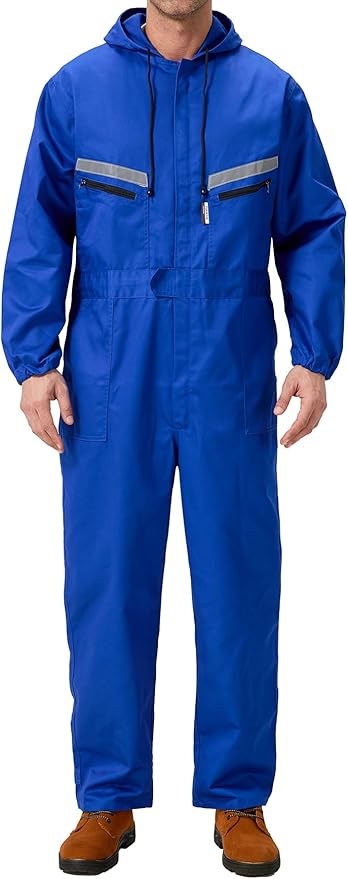 Mens Work Coveralls Mechanic Hooded Overall Workwear Jumpsuits Long Sleeve Hi Viz Coverall with Zippers