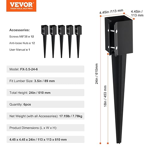 VEVOR Fence Post Anchor, 6 Pack 4 x 4 Inches Outer Diameter (Inner Diameter 3.5 x3.5 Inches) Ground Spike 24", Metal Black Powder Coated Post Stake Ground, for Mailbox Deck Garden Railing