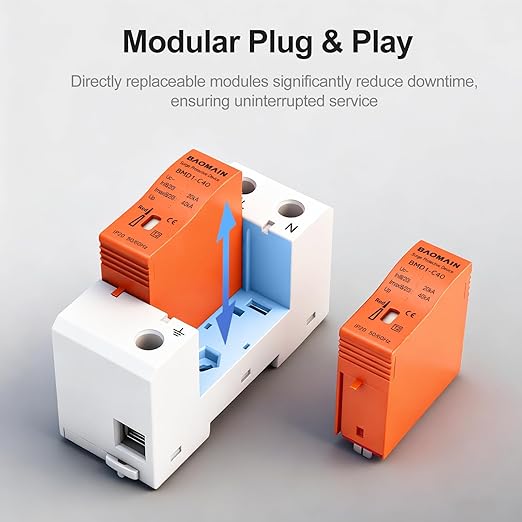 Baomain 2P (1P+N) Surge Protective,24V DC 40kA,BMD1-C40 Single-Phase SPD with Neutral Protection,for Solar Charge Controllers and Low-Voltage DC Systems,DIN Rail Mounting,Flame Retardant Housing