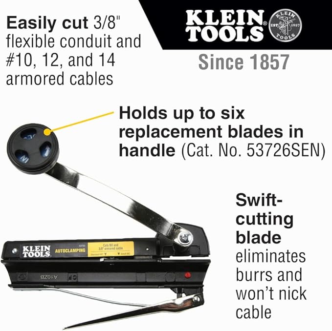 Klein Tools 53725 Armored and BX Cable Cutter, Cuts Up to 3/8 Inch Armored Cable-BX-AC-MC-MCAP-Greenfield, With Storage and Extra Blades