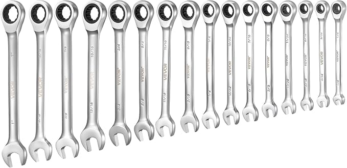 VEVOR Combination Wrench Set, 16-Piece SAE Sizes, 72 Teeth, Cr-V Steel Ratcheting Wrench Set, with Roll Up Pouch, Open End, Clear Size Labels, for General Household and Automotive Repairs, Silver