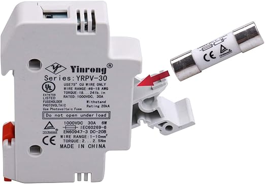 ZOOKOTO 2 PCS Solar Fuse Holder 15A 1000V DIN Rail Mount Fuse Holder 1 Pole White Plastic Housing with 10x38mm 2 Fuses 15A