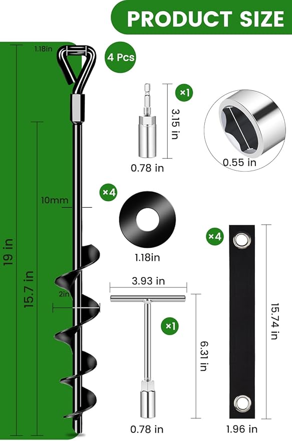19-Inch Ground Anchors Heavy Duty, Trampoline Stakes Anchors Screw-in for High Wind, Earth Anchor with Strong Straps for Swing Sets, Trampolines, Mobile Home, Sheds, Carports(4x19in)