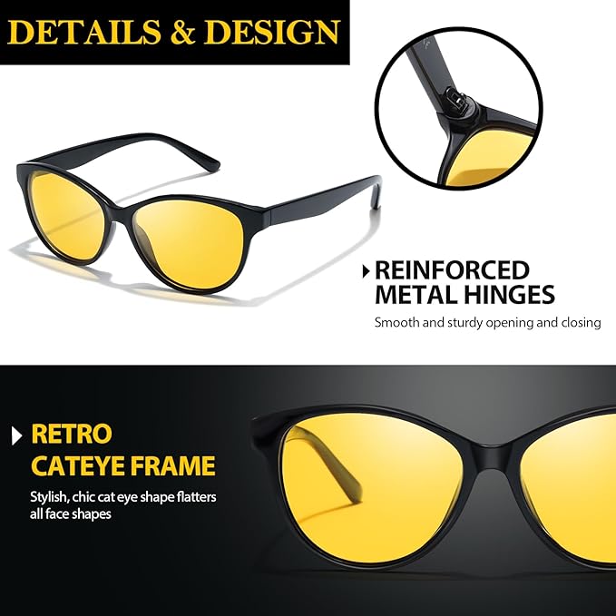 TJUTR Night Vision Driving Glasses for Men & Women, Polarized Anti Glare Yellow Lens Glasses for Night Time Safety TN2582N
