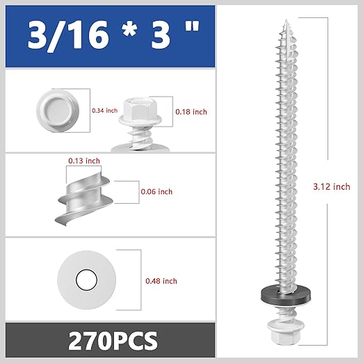 # 3/16 * 3" 270PCS 5lbs White Hexagonal Metal Sheet roof Screws,#10 * 3 with EPDM washers and Hexagonal self Tapping, Used for Metal to Wood, Corrugated Roofs.5 * 75mm