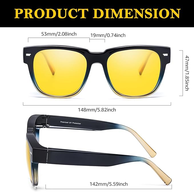 TJUTR Fit-Over Night Vision Driving Glasses for Men Women, Anti-Glare Polarized UV400 Yellow Lenses for Nighttime Safety