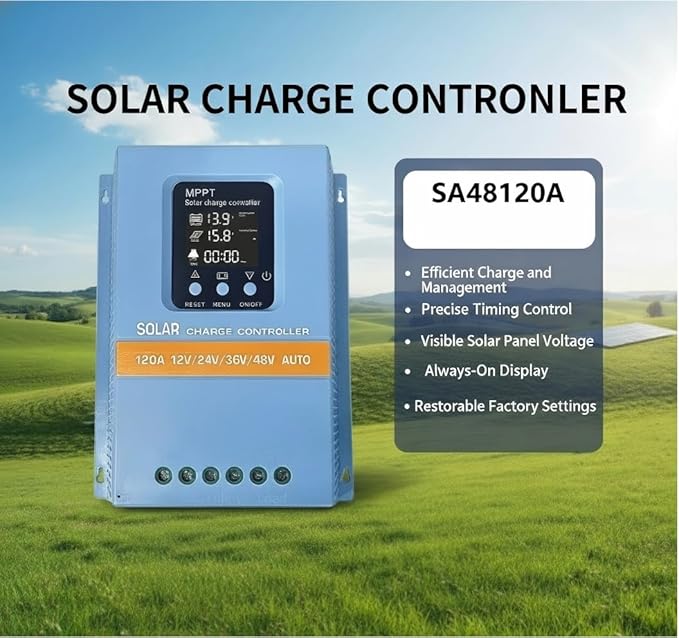 Solar Charge Controller 120A 12V 24V 36V 48V Intelligent Recognition LCD Display Battery Intelligent Regulator Maximum 100V Input Dual USB for Lead Acid/Lithium Battery (SA120A)