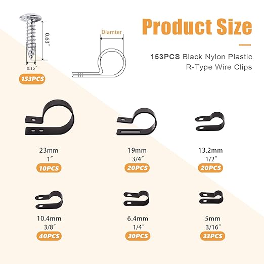 mankk 306PCS Cable Clips Wire Clips Assortment Kit Nylon Plastic R-Type Cable Clamps Wire Mounting Clips 6 Sizes 3/16'' 1/4'' 3/8'' 1/2'' 3/4'' 1'' with Screws for Cable Management