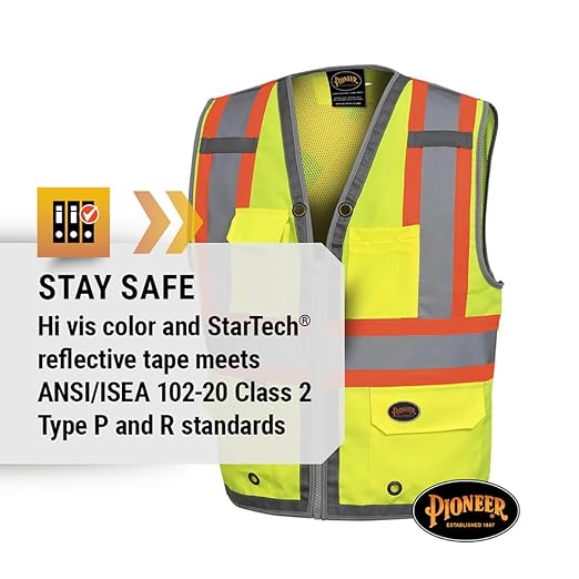 Pioneer Safety Vest for Men – Hi Vis Reflective Neon, Cool Mesh Back Panel, 12 Pockets, Zipper for Surveyor Work – Orange, Yellow/Green, V1010260U-3XL