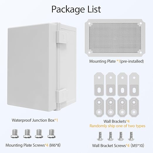 Junction Box IP65 Waterproof Dustproof ABS Plastic Enclosure Outdoor and Indoor Project Box Hinged Cover with Mounting Plate Wall Brackets Outer Dimension 11.8"x 7.9" x 7.1", Grey