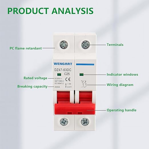 Wengart DC Miniature Circuit Breaker DZ47-63Z, 500V 2 Poles 25A, Work for Battery and Solar PV Systems and Other DC Systems, DIN Rail Mount, Disconnect Switch