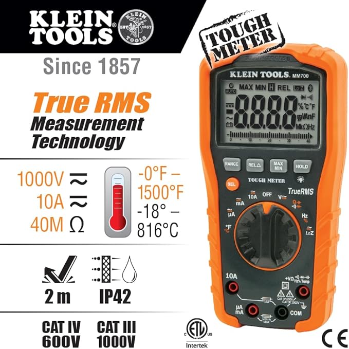 Klein Tools MM700 Multimeter, Electrical Tester is Auto Ranging, for AC/DC, LOZ, Temp, Capacitance, Resistance, Frequency, and More, 1000V