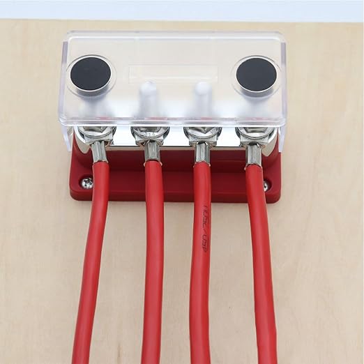 Busbar Copper 300A 12V-48V DC, 4 x 5/16” Posts Battery Terminals Bus Bar, Red Positive Power Distribution Block with Cover for Car RV Solar Truck Marine