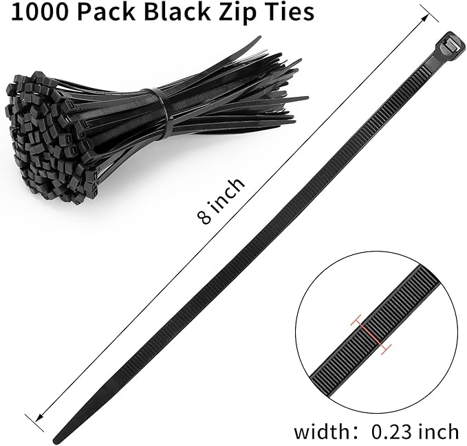 8 Inch Heavy Duty Black Zip Ties 75 lbs, 1000 Pack Cable Ties UV Resistant Industrial Self Locking 8" Zipties Bulk Nylon Wire Tie Wraps Workshop Camping Outdoor Use, Zcpotizi