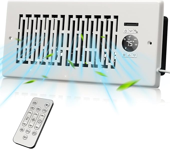 Register Booster Fan Fits 4” x 10” Register Holes, Smart Control Heating Cooling AC Vent Fan, 10-Speed Quiet Register Vent Booster Fans with Thermostat Control & Remote Control