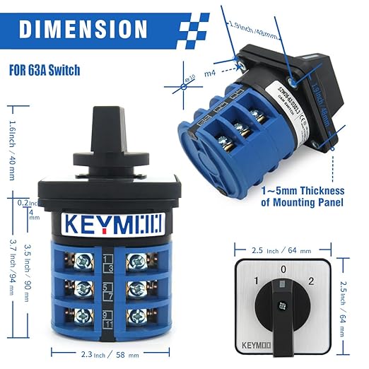 63A Rotary Change-Over Switch,3 NO 3 NC 2-Way, 3 Position 3 Phase 12 Terminals, 660V Universal Selector Switch for Solar and Grid Power Switching