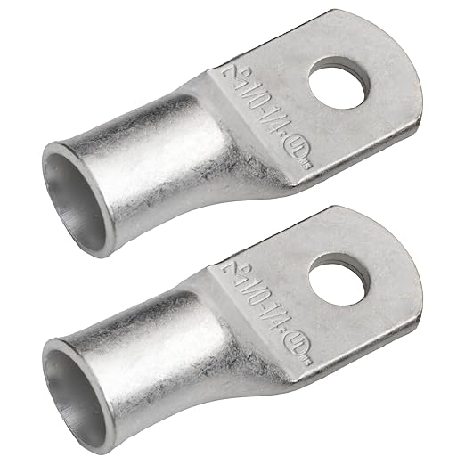 SELTERM 2pcs 1/0 AWG 1/4" Stud Tinned Copper Wire Lugs, Battery Lugs, Ring Terminals, Battery Cable Ends, 0 Gauge Ring Terminal Connectors, UL Marine Grade Electrical Battery Terminal Connectors