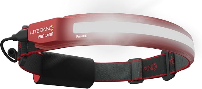 OPTIMAL VENTURES LITEBAND PRO Rechargeable LED Headlamp, 1400 Lumens, 210° Wide Beam, PureHD High CRI Light, Hard Hat Compatible, Professional No-Bounce Fit, IPX5 Weather Resistant, Red