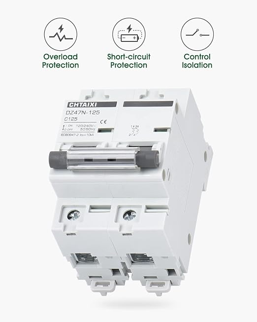 AC Miniature Circuit Breaker, 125 Amp 120V/240V 2 Pole DIN Rail Mount Circuit Breaker, Thermal Magnetic Trip, Solar AC Disconnect Switch MCB 2P C125