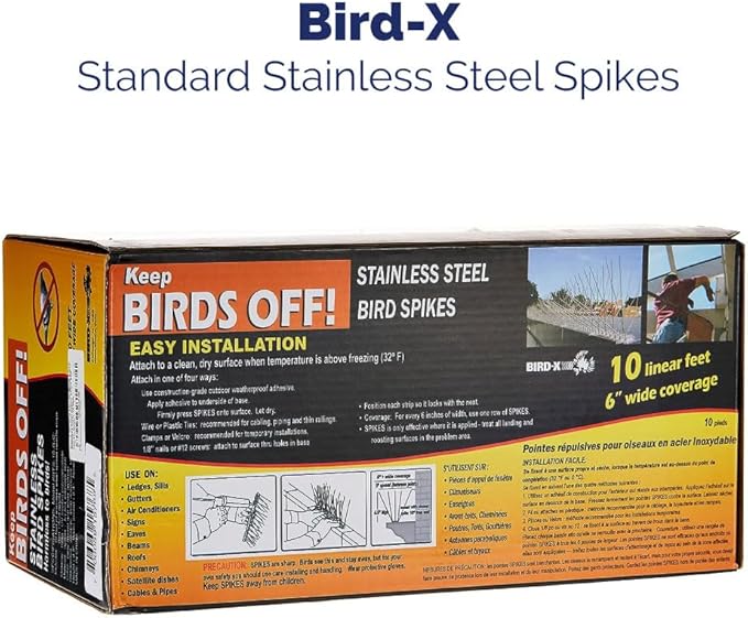 Bird-X Bird Spikes, Stainless Steel Spikes to Keep Birds Away, Easy to Install, Covers 10 Linear Feet Area, 1' L x 6" W, 10 Strips