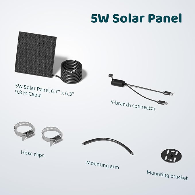 Birdfy 5W Solar Panel for Smart Bird Feeder Camera, Type-C Charger for Birdfy Feeder, 360° Adjustable Swivel Mount, IP65 Waterproof for Outdoors, 5W Continuously Power Supply (9.8ft Chew-Proof Cable)